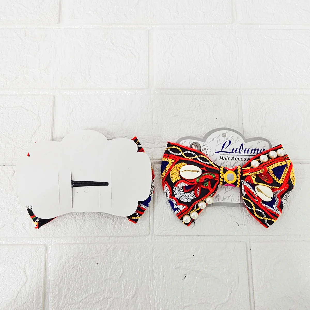 Di0040 Navratri MIx Design Embroidered Bow Hair Clip with Mirror Work & Hanging Shell Beads - Image 7
