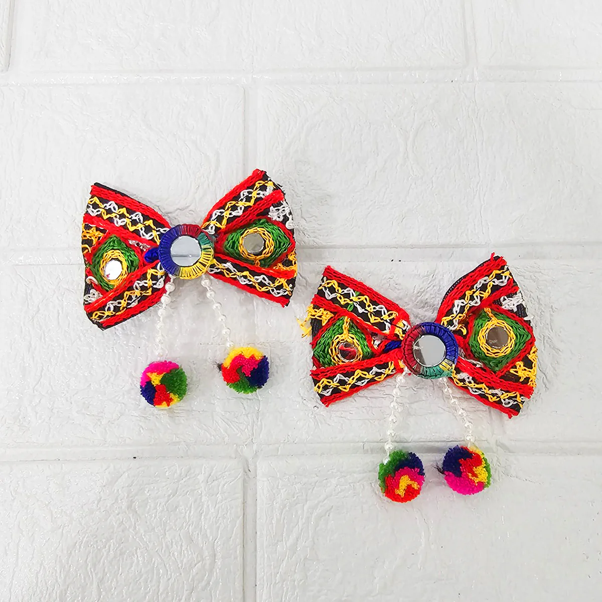 Di0041 Navratri Multicolor Embroidered Bow Hair Clip with Mirror Work & Pom-Pom Danglers [Pack of 2] - Image 4
