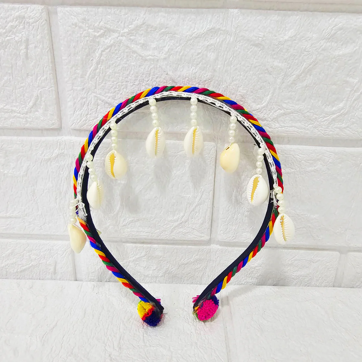 Di0042 Navratri MIx Design Colorful Braided Hairband with Cowrie Shells & Pom-Pom Ends - Image 3