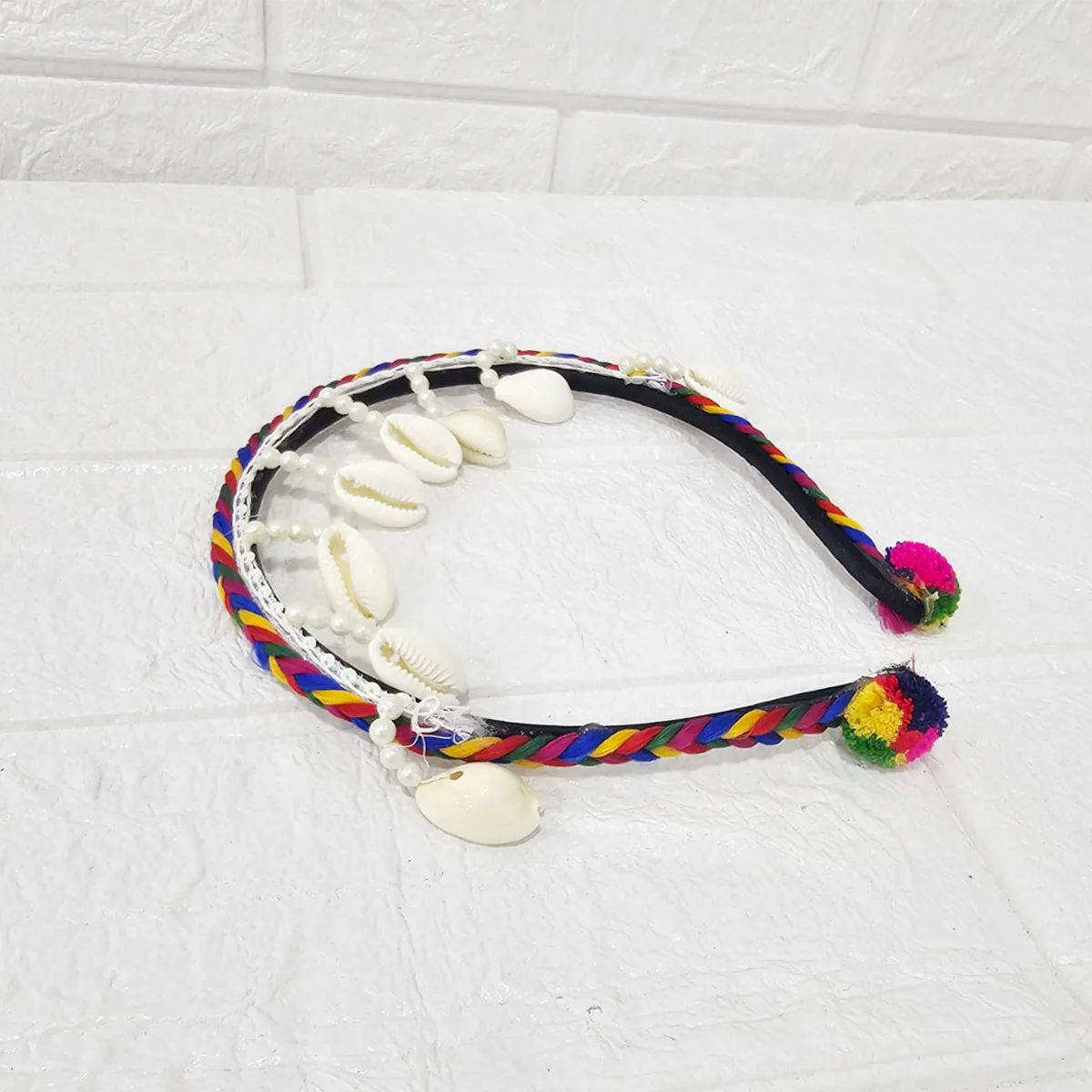 Di0042 Navratri MIx Design Colorful Braided Hairband with Cowrie Shells & Pom-Pom Ends - Image 4