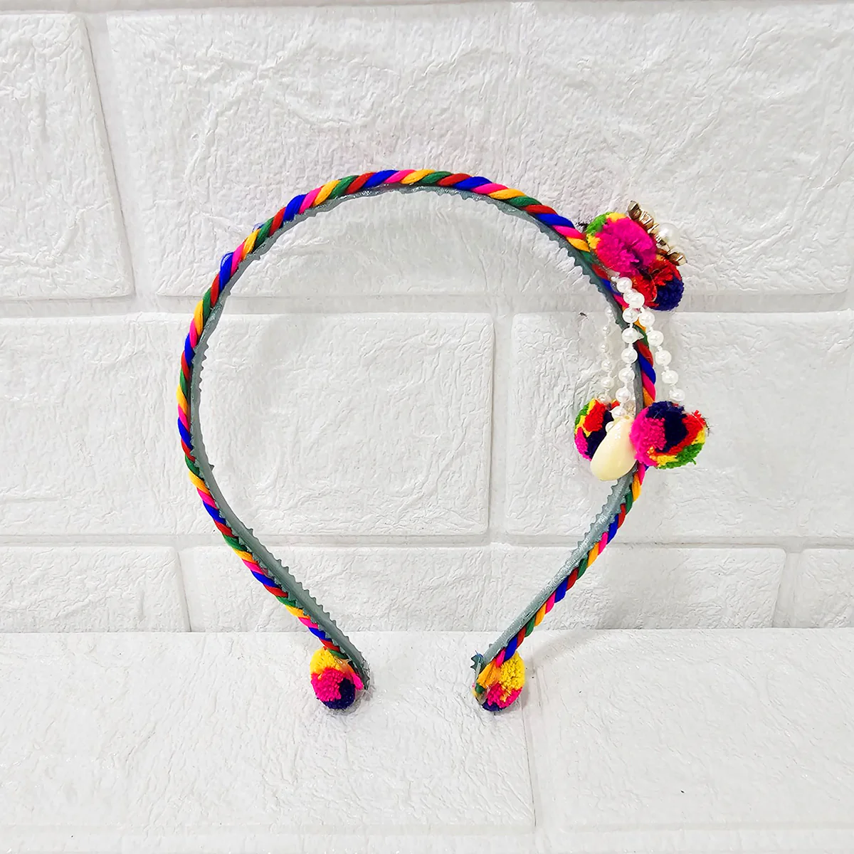 Di0042 Navratri MIx Design Colorful Braided Hairband with Cowrie Shells & Pom-Pom Ends - Image 7