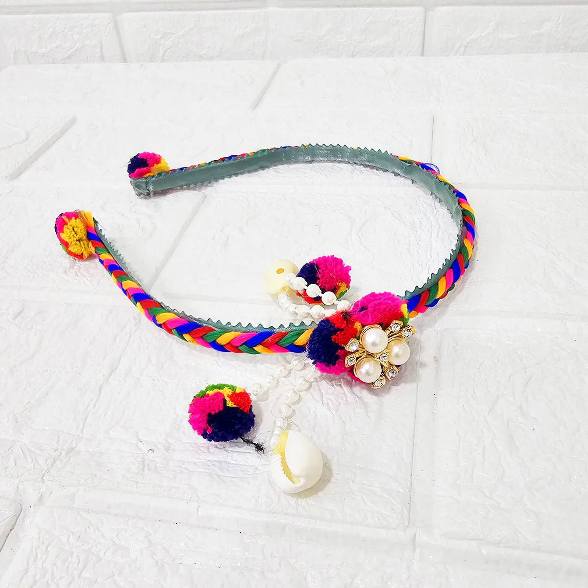 Di0042 Navratri MIx Design Colorful Braided Hairband with Cowrie Shells & Pom-Pom Ends - Image 8
