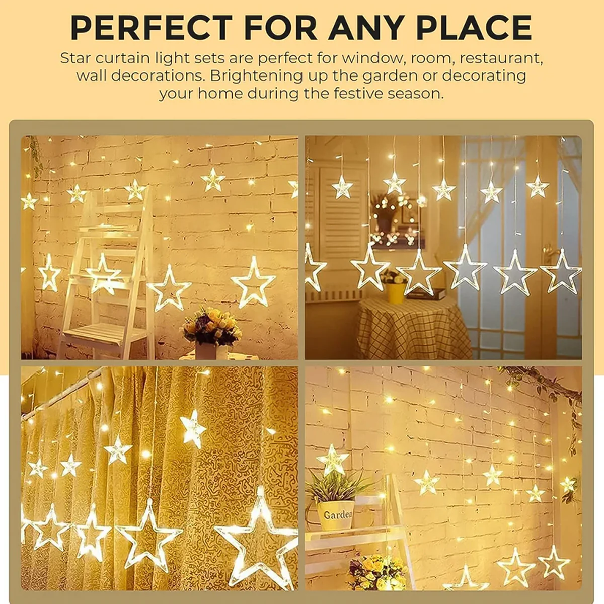 Di0061 12 Stars LED Curtain String Lights with Flashing Modes - 6x6 (Warm) - Image 5