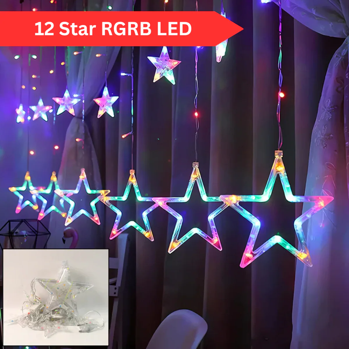 Di0063 12 Stars LED Curtain String Lights with Flashing Modes - 6x6 (Rgrb)