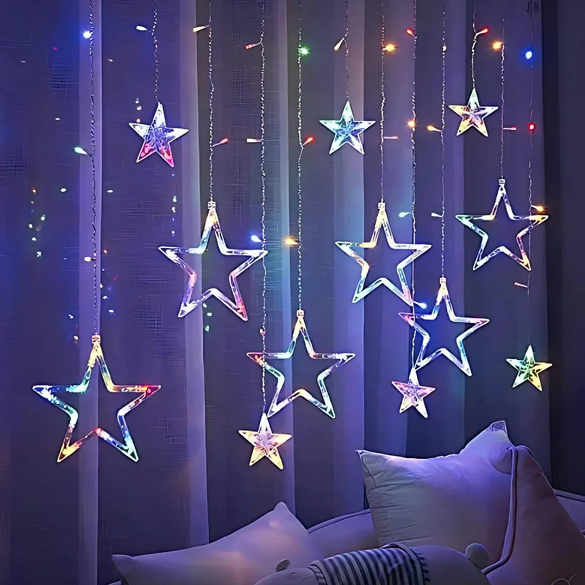 Di0063 12 Stars LED Curtain String Lights with Flashing Modes - 6x6 (Rgrb) - Image 2