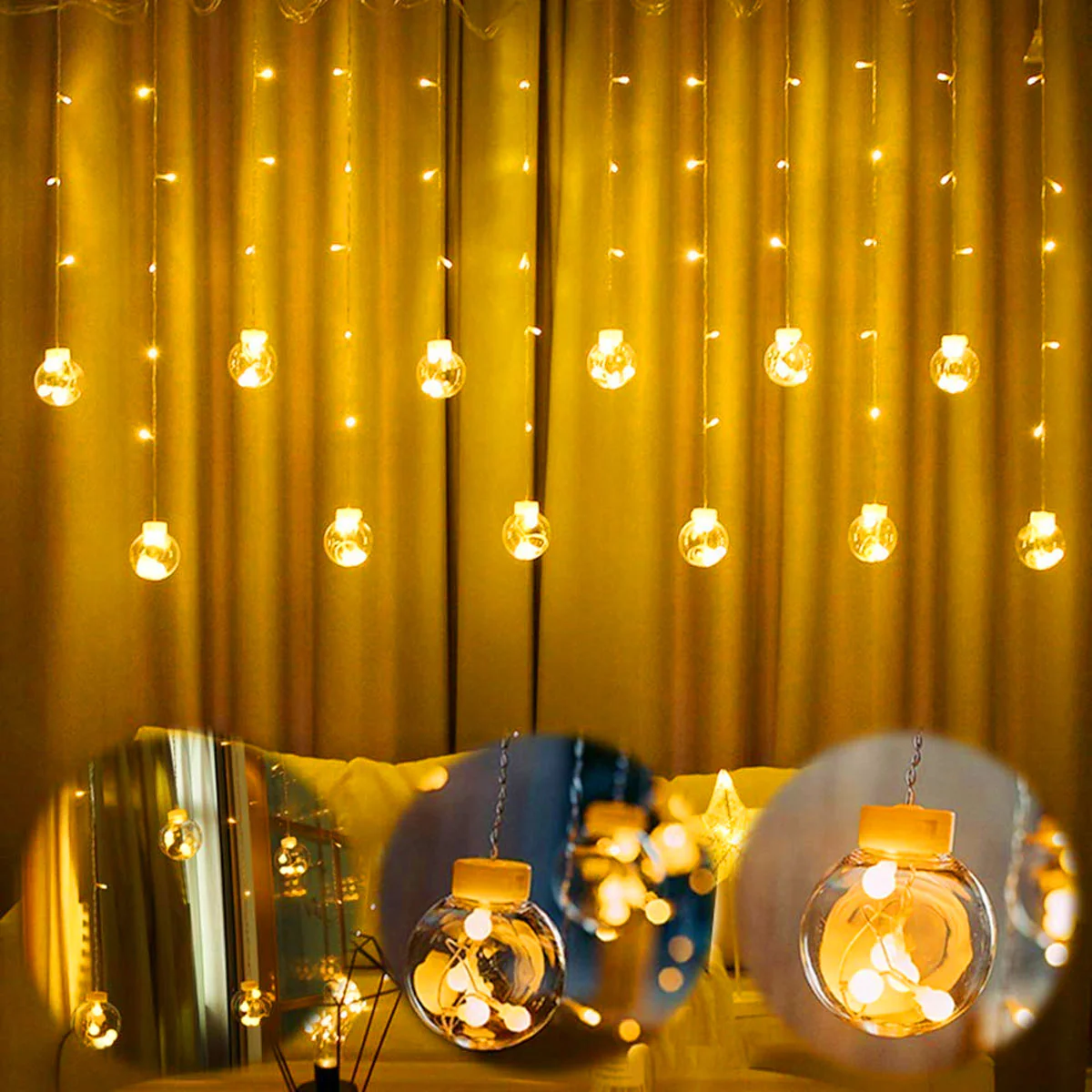Di0071 12 Ball String LED Lights with Flashing Modes Decoration 6x6 (Warm) - Image 2