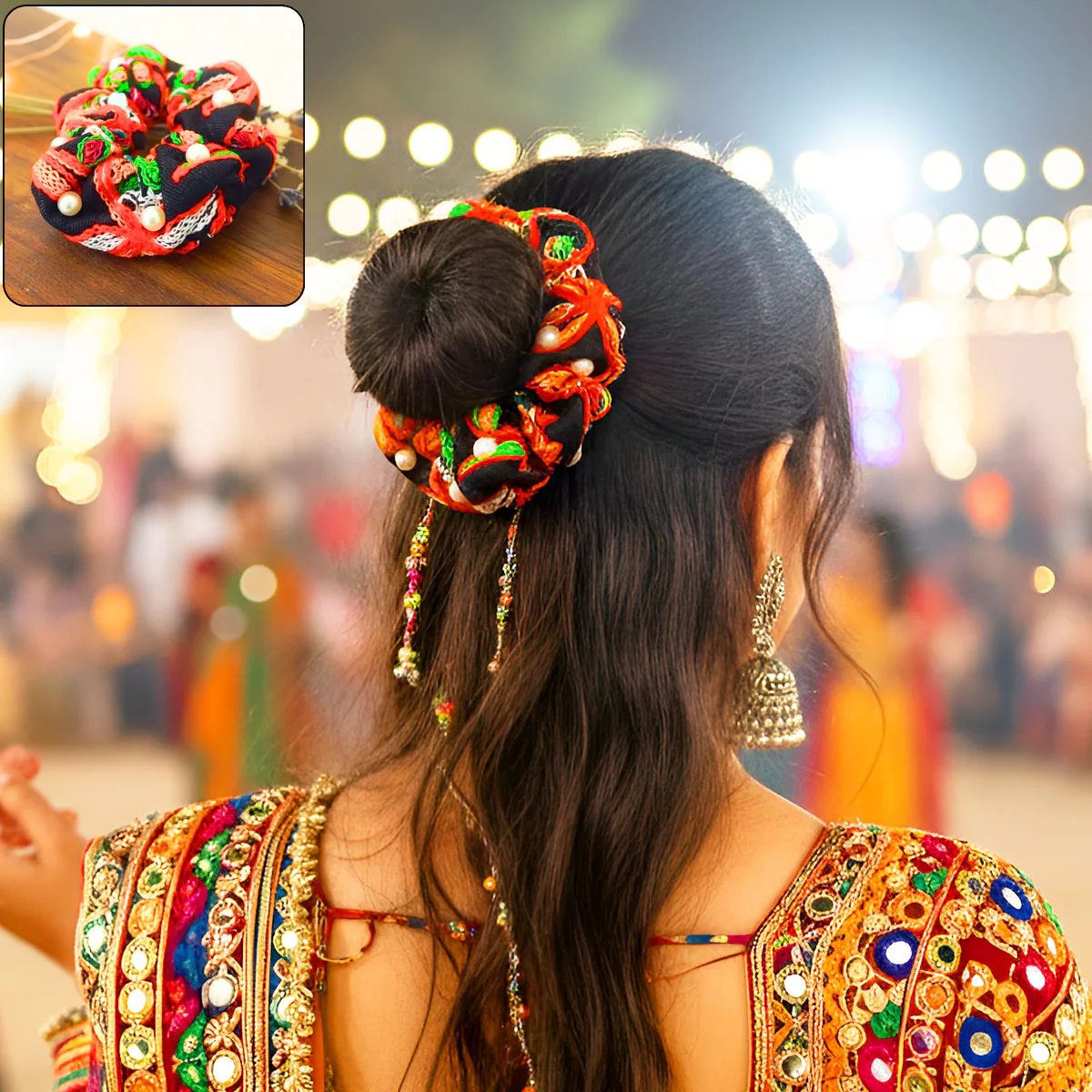 Di0143 Navratri Hand-Embroidered Black and Orange Silk Hair Bun with Pearl Accents