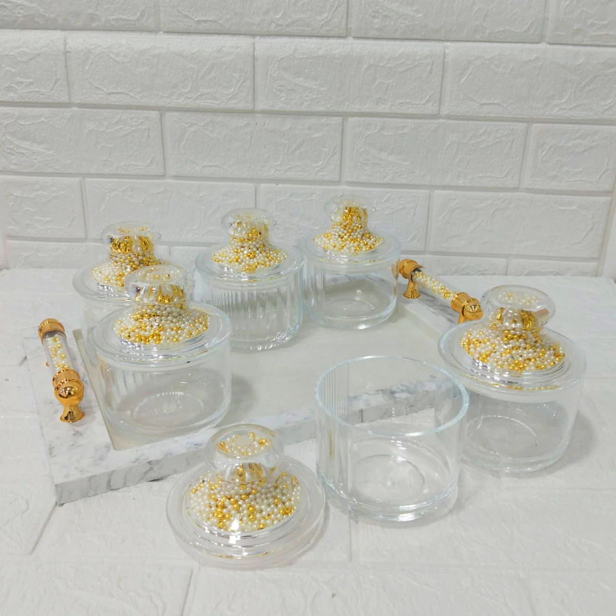 Di0152 Rishabh Super Rado Multipurpose 6 Jar Set with Marble-Look Tray & Golden Handles - Image 2