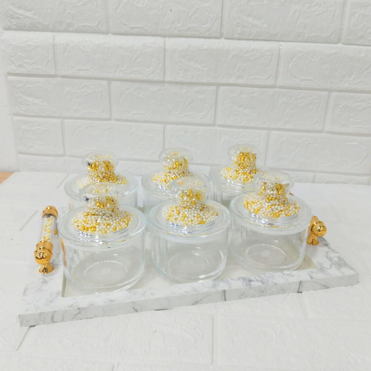 Di0152 Rishabh Super Rado Multipurpose 6 Jar Set with Marble-Look Tray & Golden Handles - Image 3