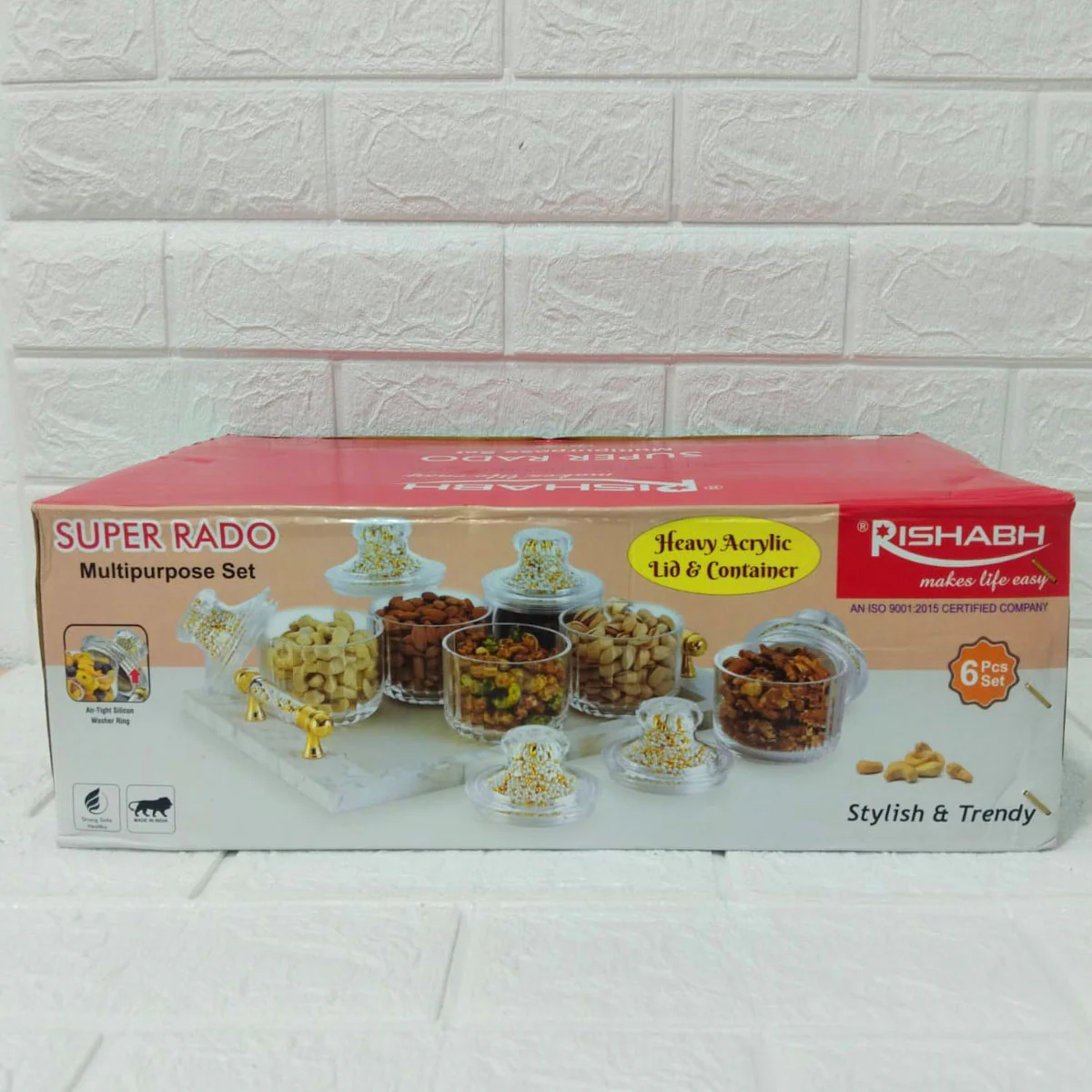 Di0152 Rishabh Super Rado Multipurpose 6 Jar Set with Marble-Look Tray & Golden Handles - Image 4