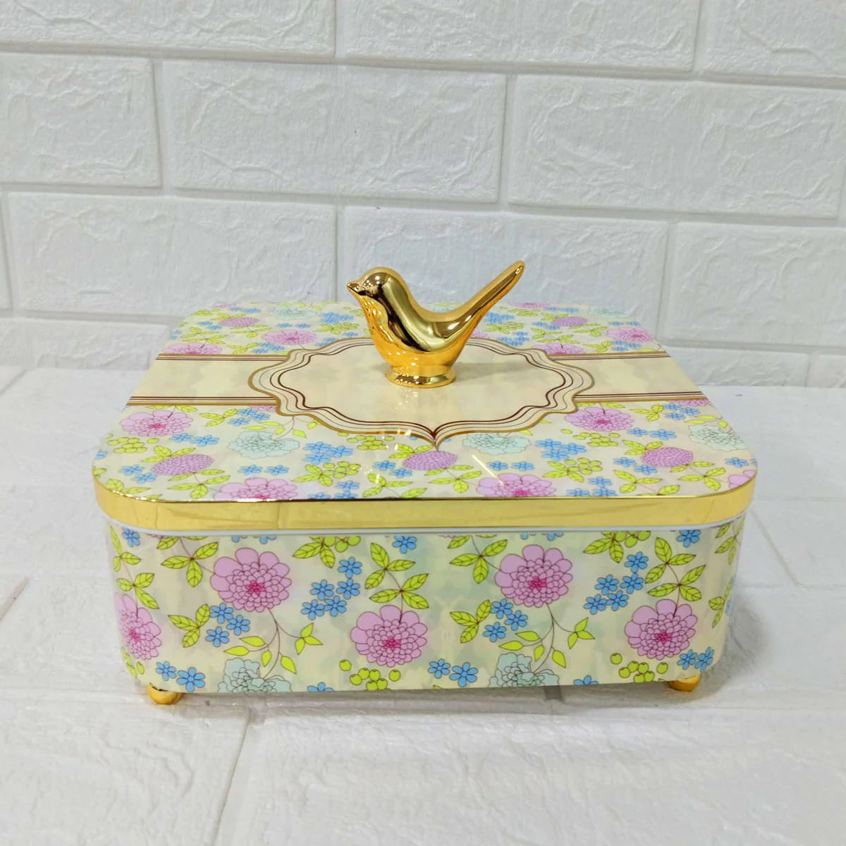 Di0156 Rishabh Clara Vintage 4 Multipurpose Storage Set | Premium Floral Dry Fruit Box with Golden Bird Handle - Image 2
