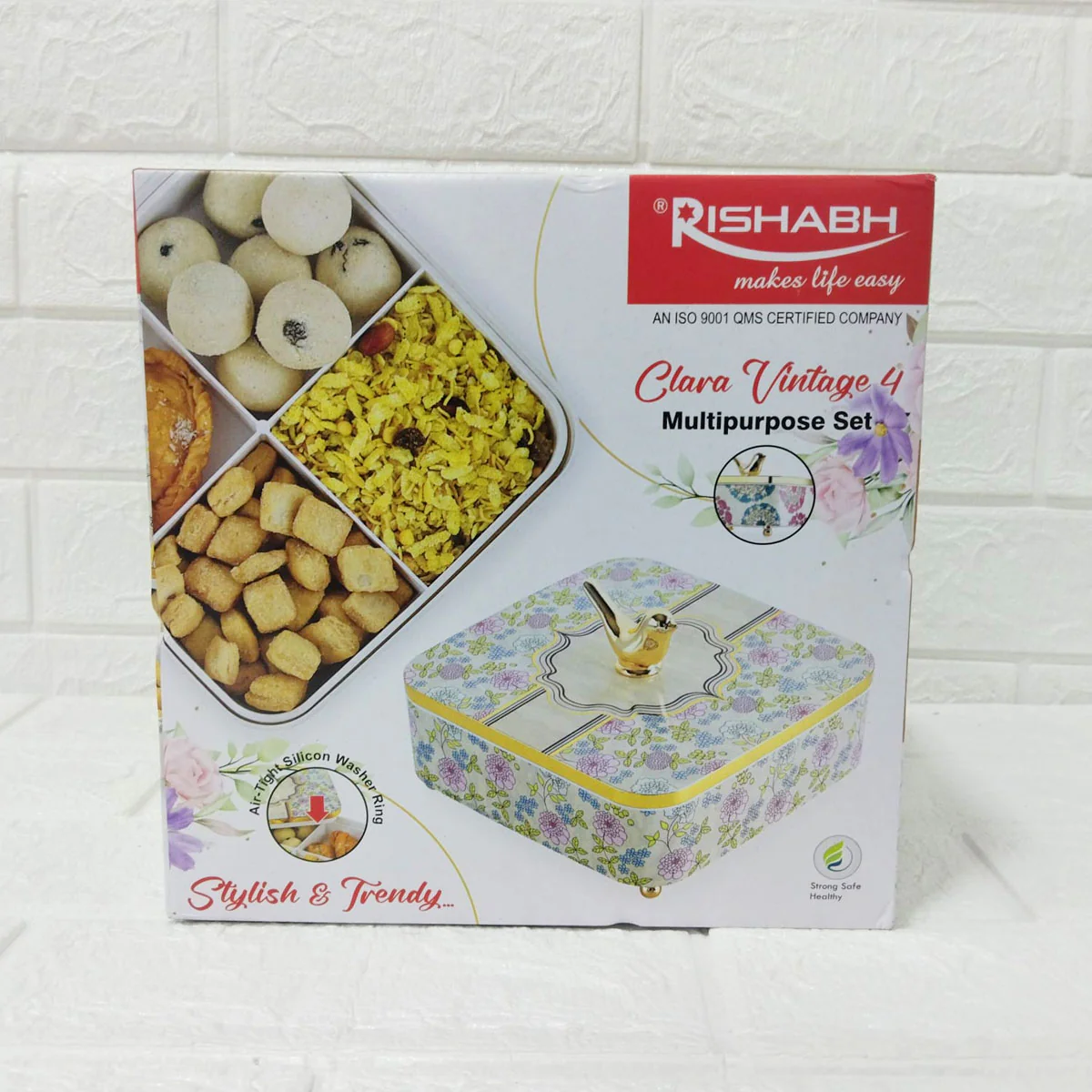 Di0156 Rishabh Clara Vintage 4 Multipurpose Storage Set | Premium Floral Dry Fruit Box with Golden Bird Handle - Image 3