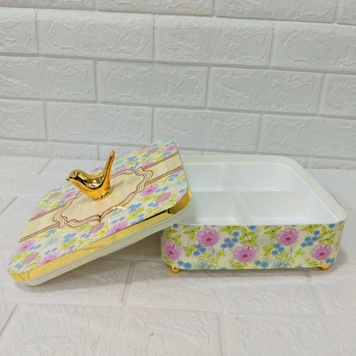 Di0156 Rishabh Clara Vintage 4 Multipurpose Storage Set | Premium Floral Dry Fruit Box with Golden Bird Handle - Image 5