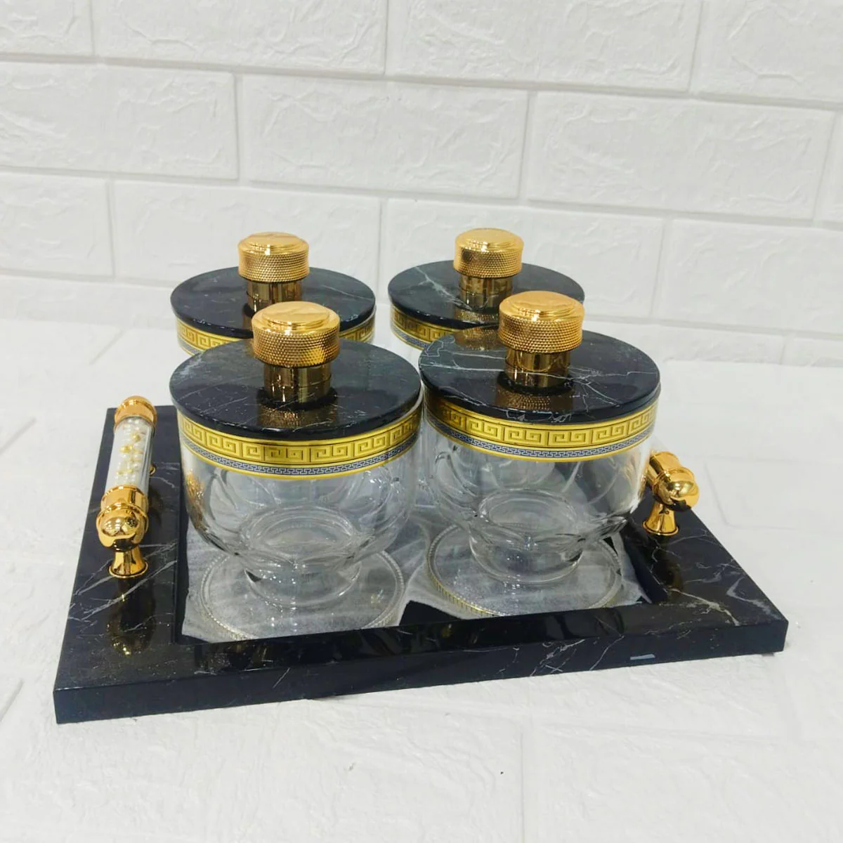 Di0165 Rishabh Cosmos Set of 4 Multipurpose Jars with Marble-Look Tray & Golden Lids - Image 3