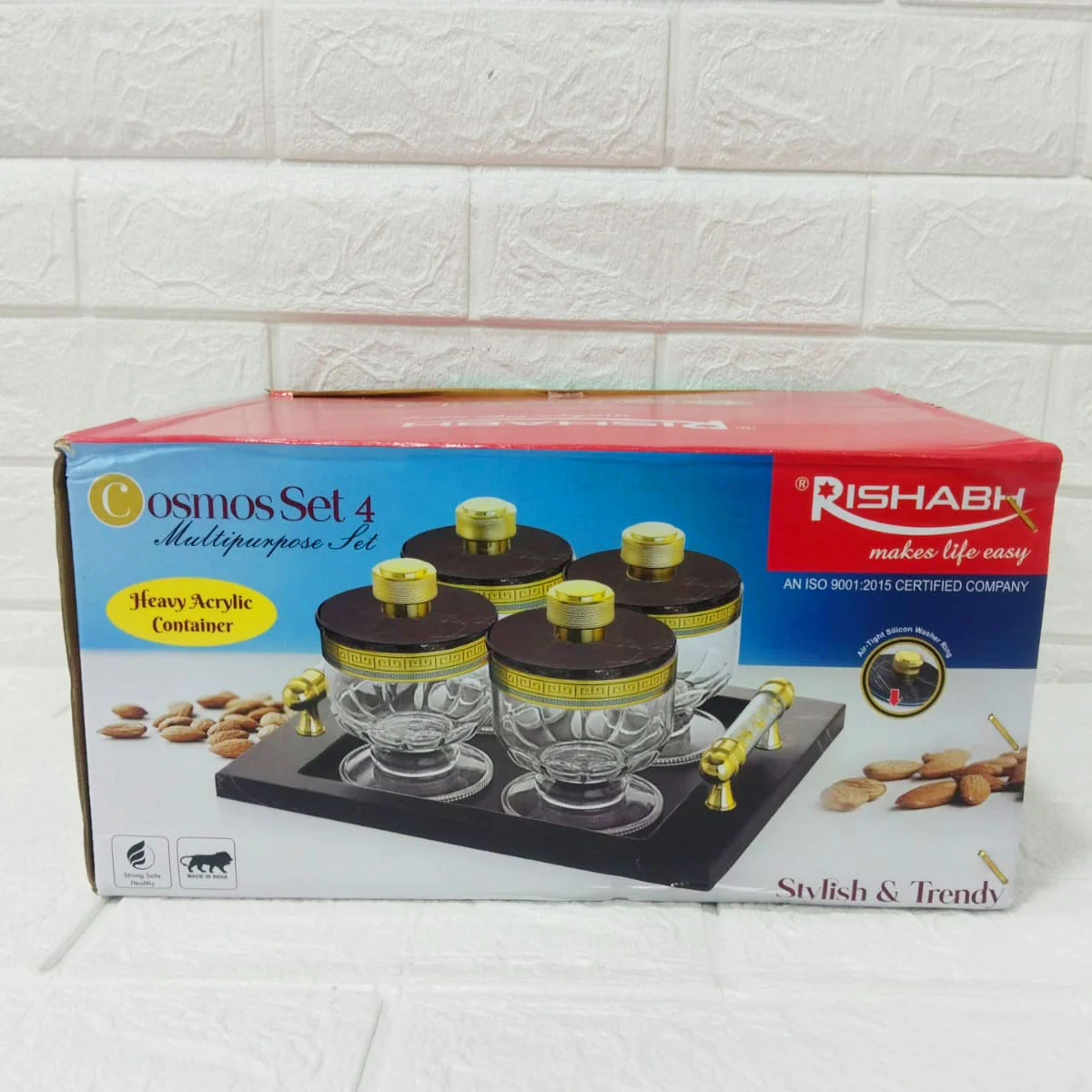Di0165 Rishabh Cosmos Set of 4 Multipurpose Jars with Marble-Look Tray & Golden Lids - Image 4