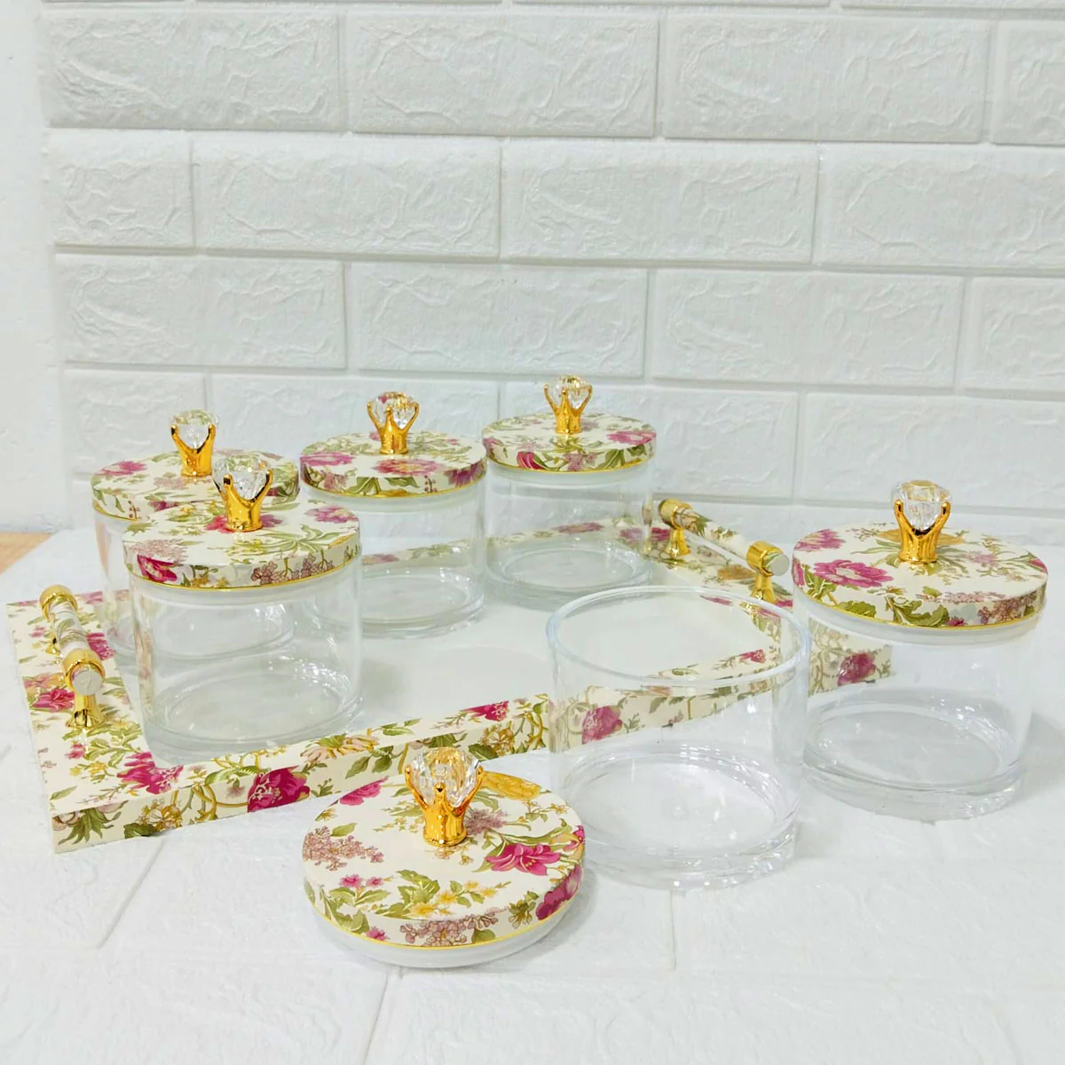 Di0167 Rishabh Super Antique Deluxe Multipurpose 6-Piece Container Set with Tray – Heavy Acrylic Jars with Floral Design & Diamond Knob Lids - Image 2