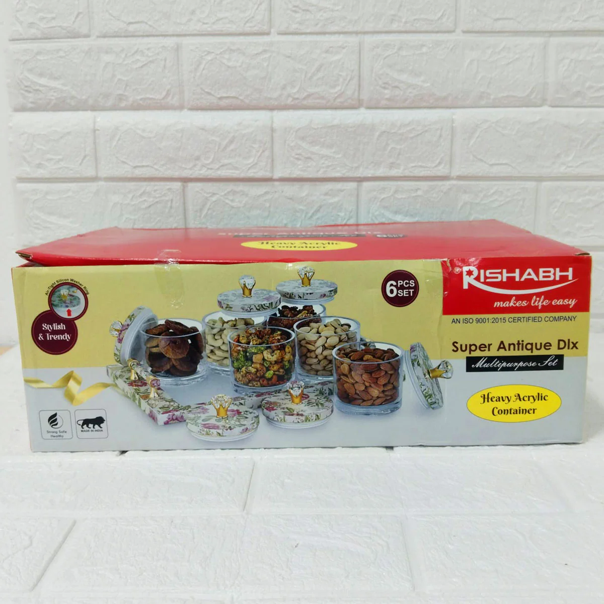 Di0167 Rishabh Super Antique Deluxe Multipurpose 6-Piece Container Set with Tray – Heavy Acrylic Jars with Floral Design & Diamond Knob Lids - Image 3