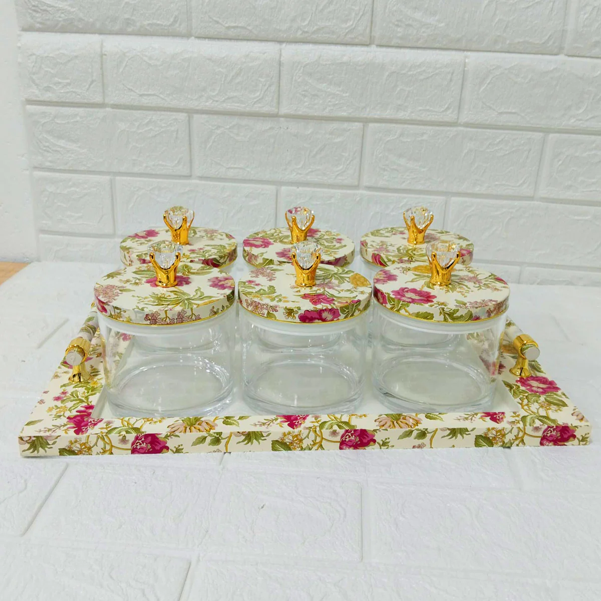 Di0167 Rishabh Super Antique Deluxe Multipurpose 6-Piece Container Set with Tray – Heavy Acrylic Jars with Floral Design & Diamond Knob Lids - Image 5