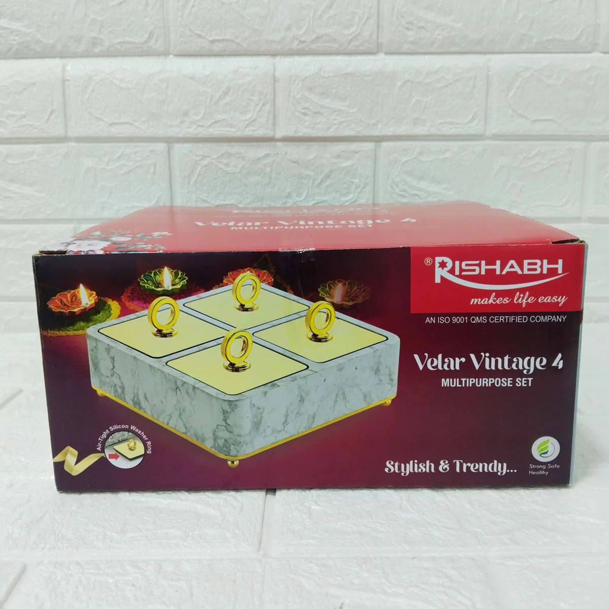 Di0185 Rishabh Velar Vintage 4 Multipurpose Container Set – Premium Marble Finish Base with Golden Lid & Ring Handle - Image 3