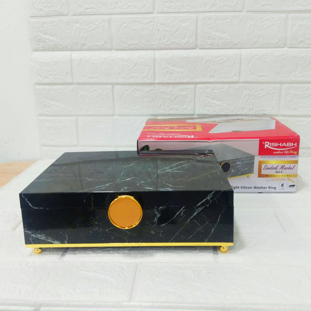 Di0188 Rishabh Sandook Marble 4 Multipurpose Storage Box with Golden Knob