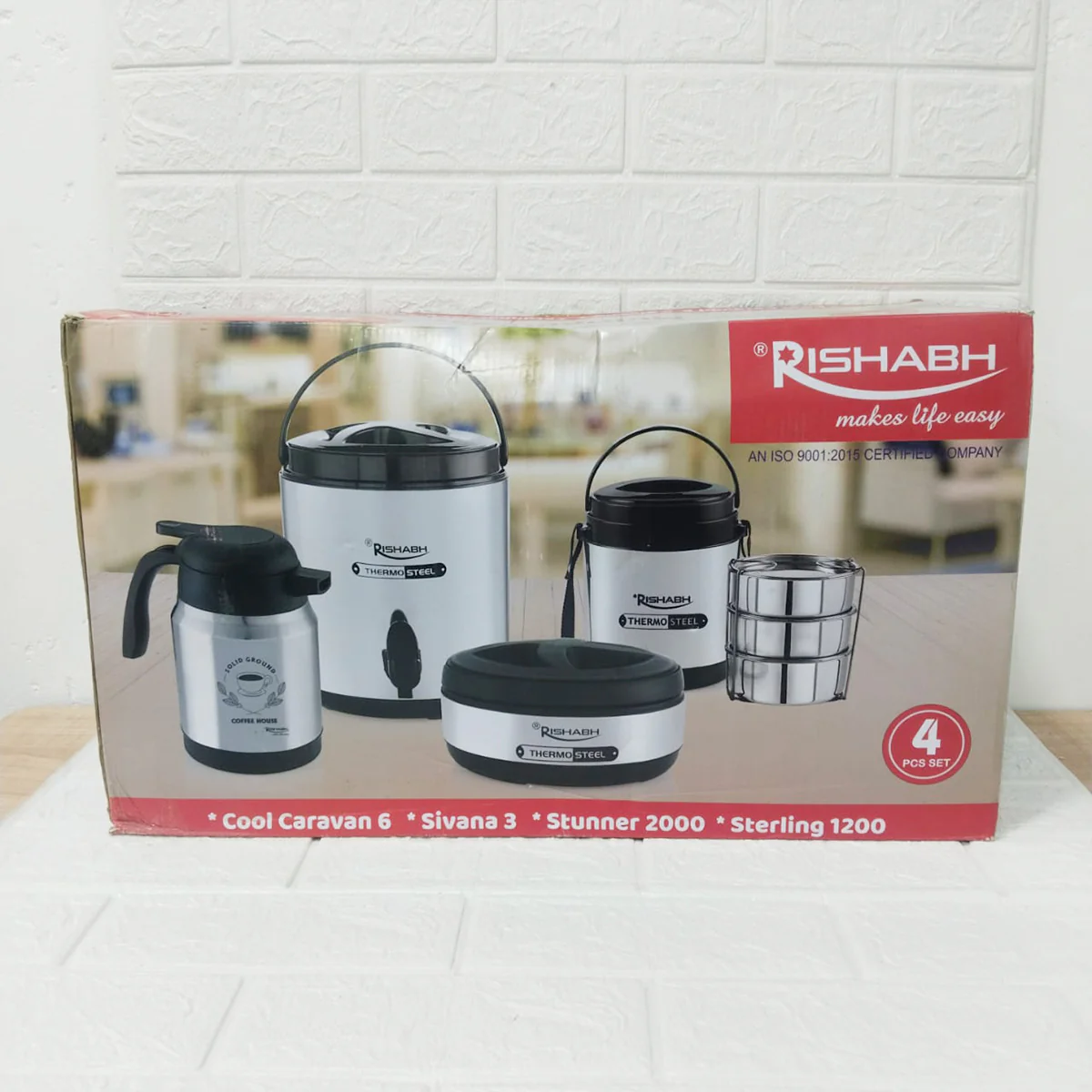 Di0191 Rishabh Big Multipurpose Thermo-Steel 4-Piece Set - Insulated Water Jug, Casserole, Tea Pot, and Lunch Box - Image 2