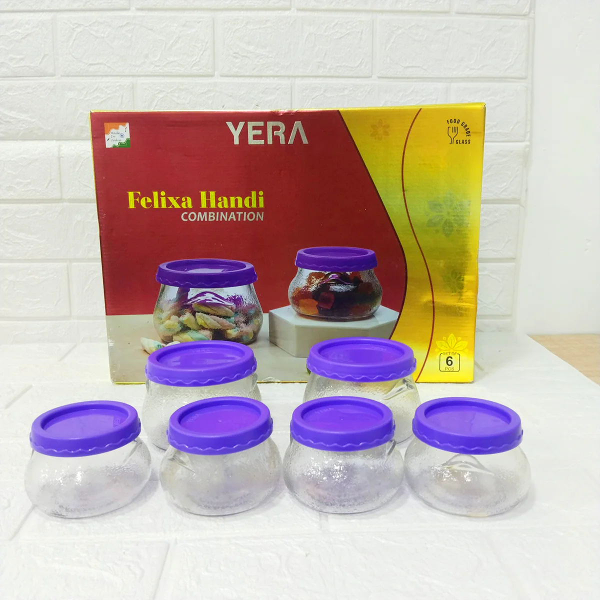 Di0202 YERA Felixa Glass Handi Combination Set with Lids - 6 Piece Combo (410ml & 195ml)