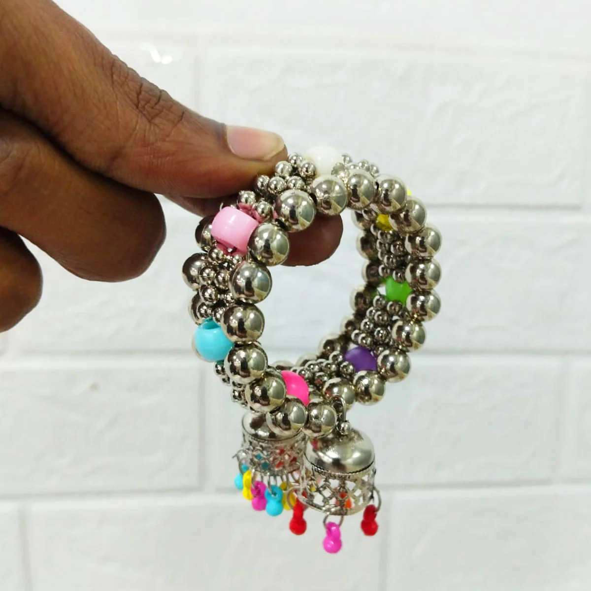 Di0215 Little Girl's Oxidized Silver Bracelet with Multicolor Beads & Jhumki Charms - Image 4