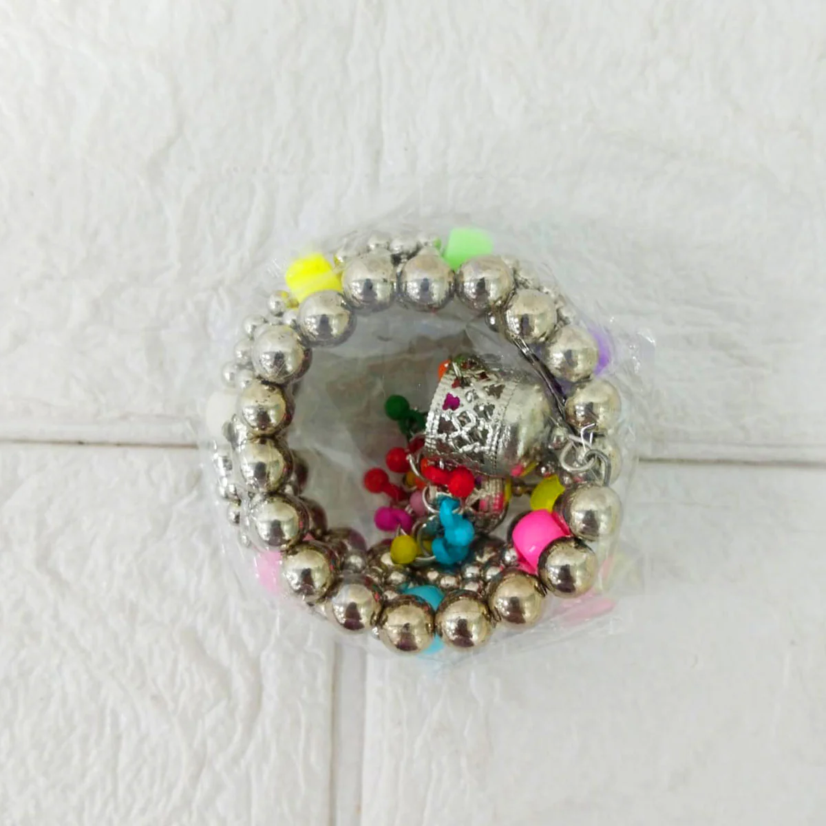 Di0215 Little Girl's Oxidized Silver Bracelet with Multicolor Beads & Jhumki Charms - Image 5
