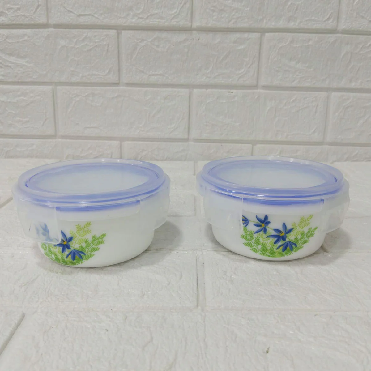 Di0239 Cello Small Marbelow Storage Bowl Set - 2-Piece White Glass Bowls with Floral Print & Airtight Lids - Image 2