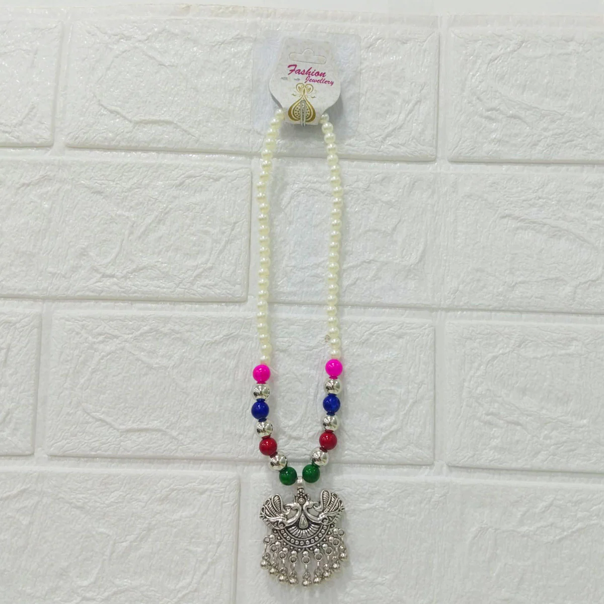 Di0305 Oxidized Silver Pendant Necklace with Pearl & Multicolor Beads