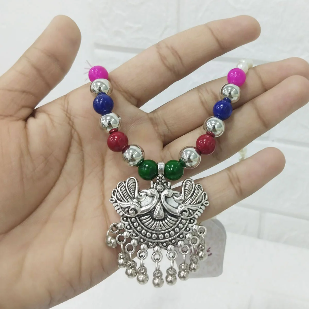 Di0305 Oxidized Silver Pendant Necklace with Pearl & Multicolor Beads - Image 2