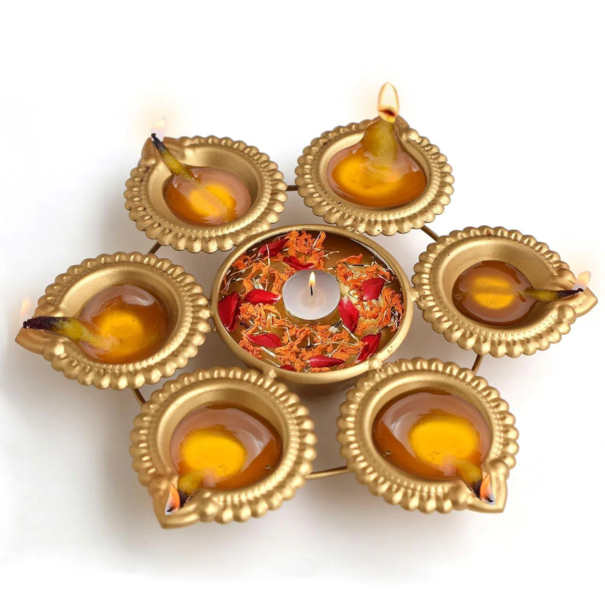 Di0320 Golden Decorative Diya Set β 6 Small Diyas with Central Holder