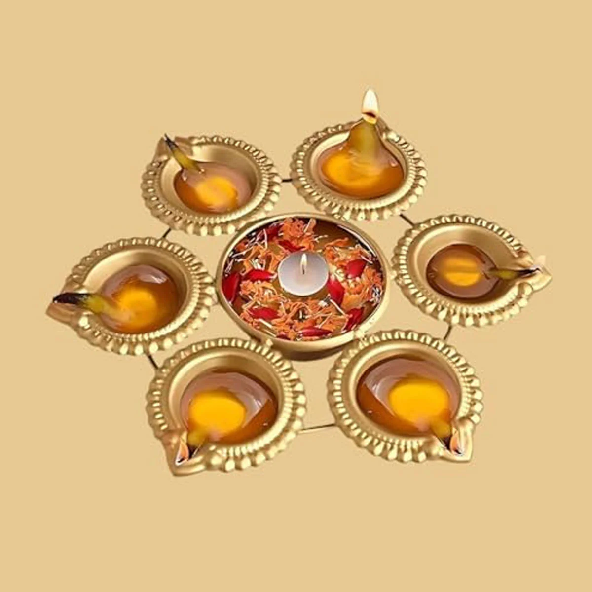 Di0320 Golden Decorative Diya Set β 6 Small Diyas with Central Holder - Image 3