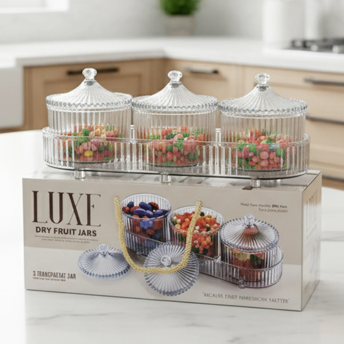 Di0362 LUXE Dry Fruit Transparent 3pc Jar with Lids & Stylish Tray (Mix Colour) - Image 2