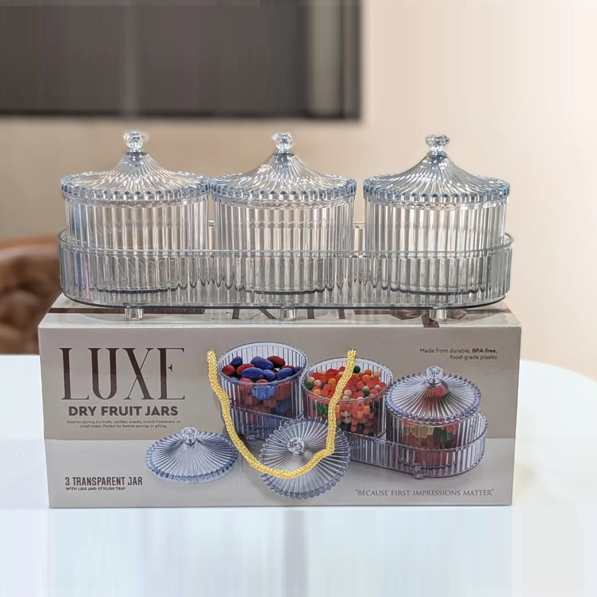 Di0362 LUXE Dry Fruit Transparent 3pc Jar with Lids & Stylish Tray (Mix Colour) - Image 3