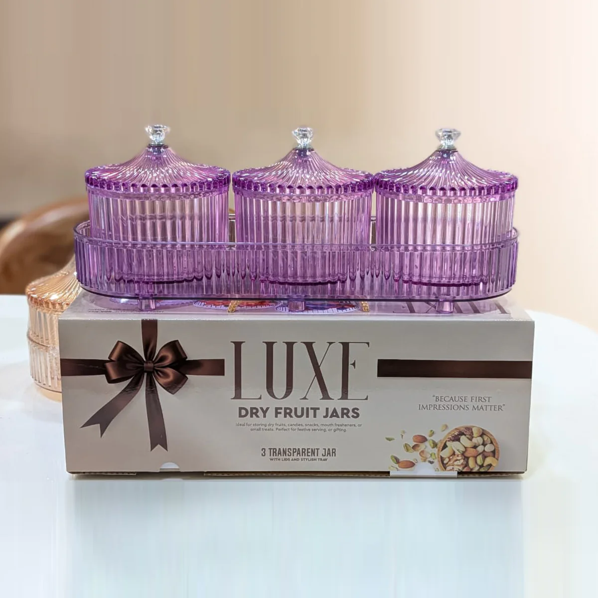 Di0362 LUXE Dry Fruit Transparent 3pc Jar with Lids & Stylish Tray (Mix Colour) - Image 4