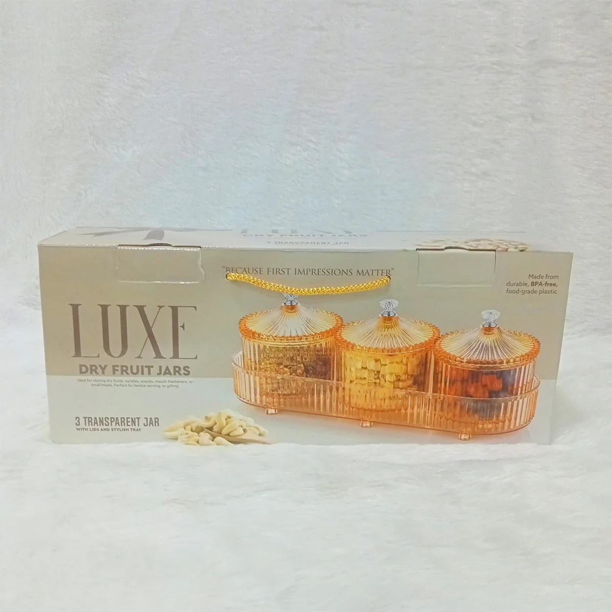 Di0362 LUXE Dry Fruit Transparent 3pc Jar with Lids & Stylish Tray (Mix Colour) - Image 5
