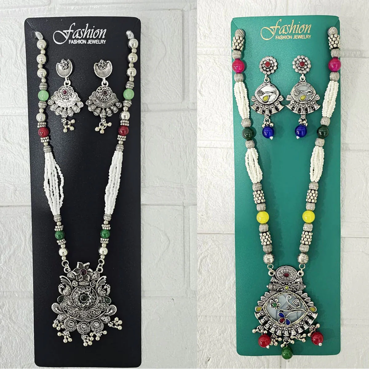 Di0047 Navratri Intricate Oxidized Silver Floral & Jali Necklace with Beaded Earings - Image 5