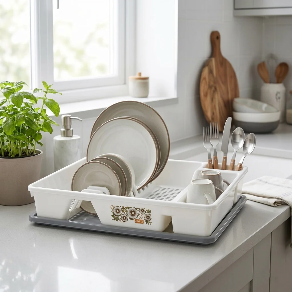 AM3279 JOYFUL Blossom Plastic Plate Rack and Dish Drainer with Drip Tray - Image 2