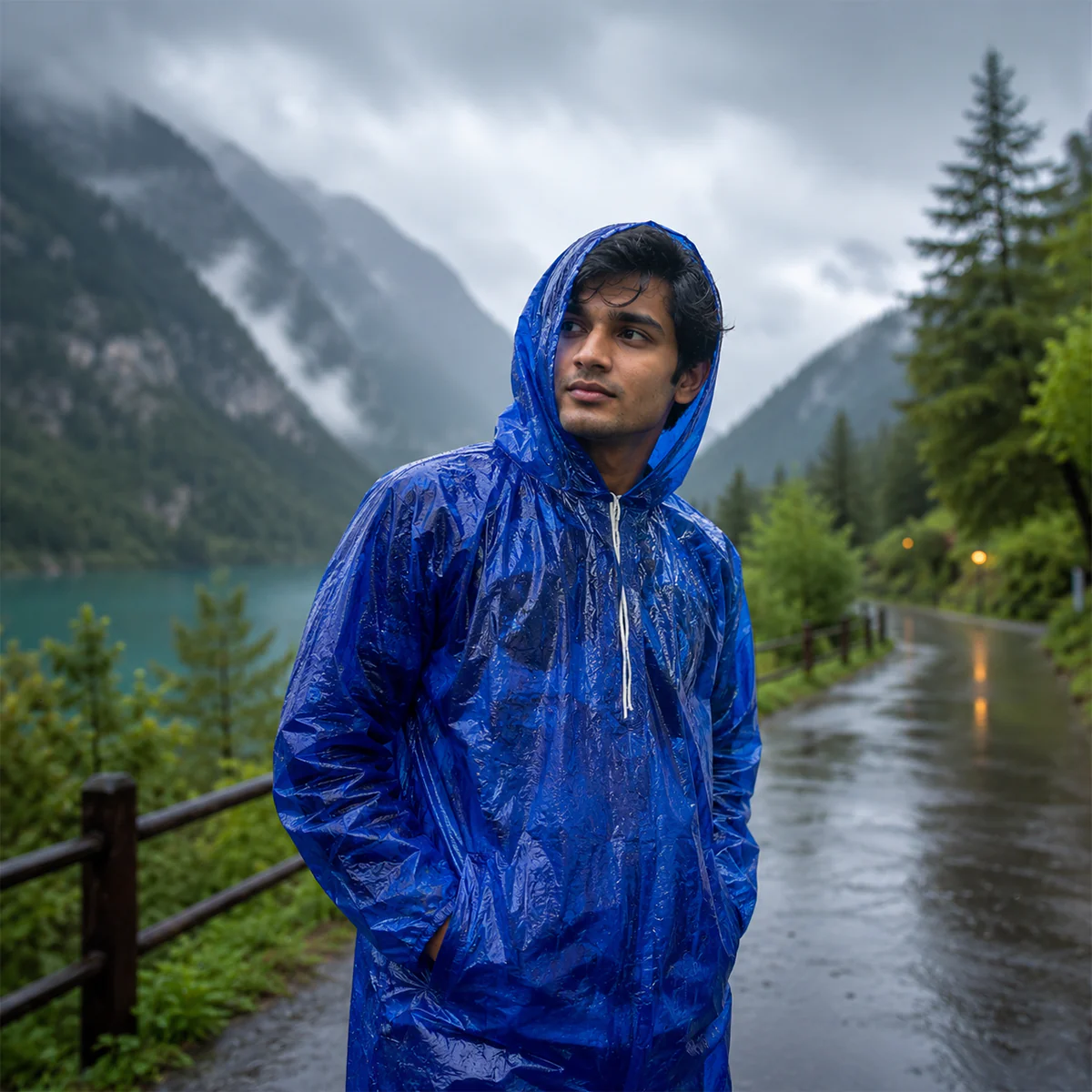 A06581 TARPAULIN Waterproof Unisex Rain Poncho with Hood – Free Size - Image 2