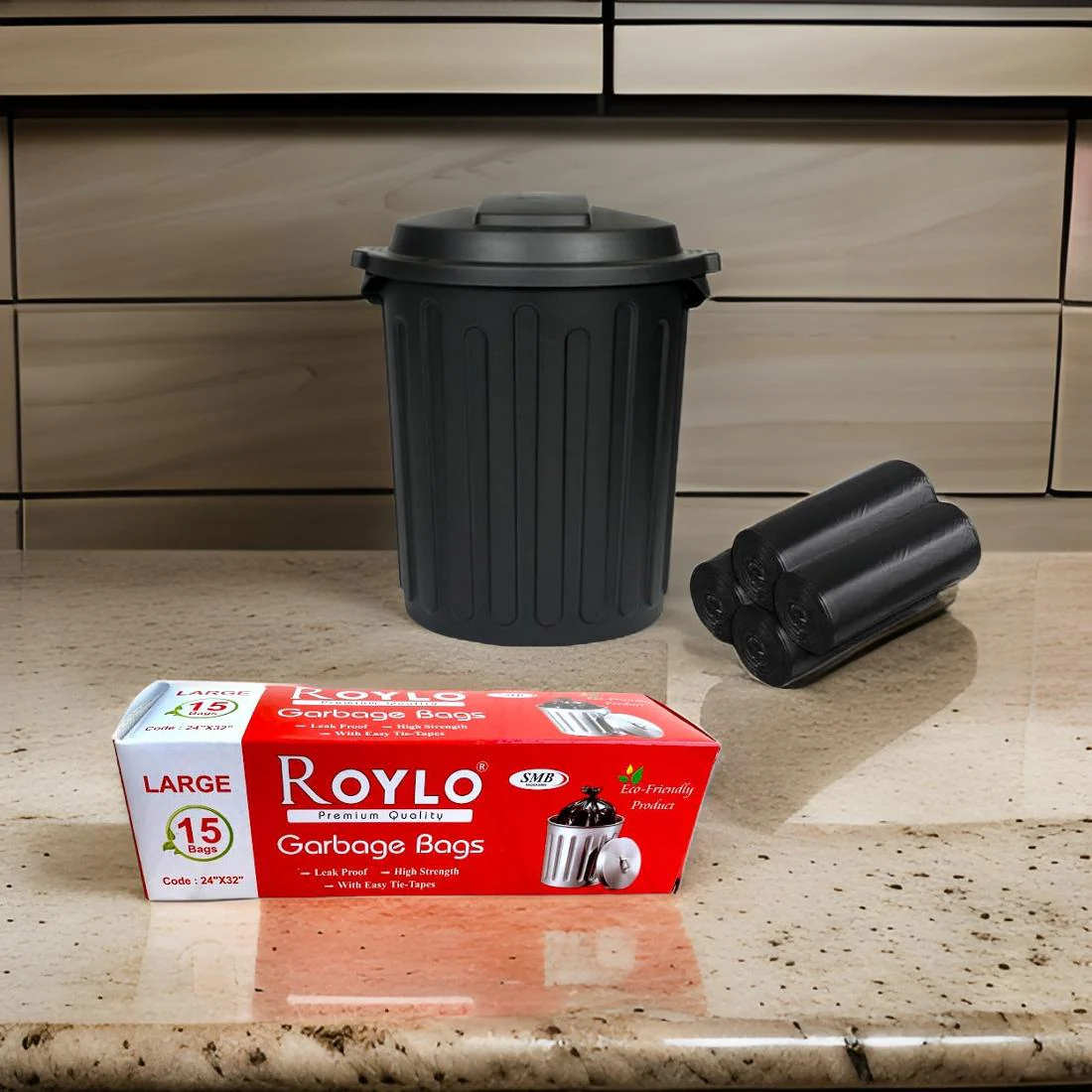3871 Roylo Black Garbage Bags 15 Pcs x Pack of 1 Rolls 24 x 32 Inch | Dustbin Bags/Trash Bags/Dustbin Covers for Wet and Dry Waste