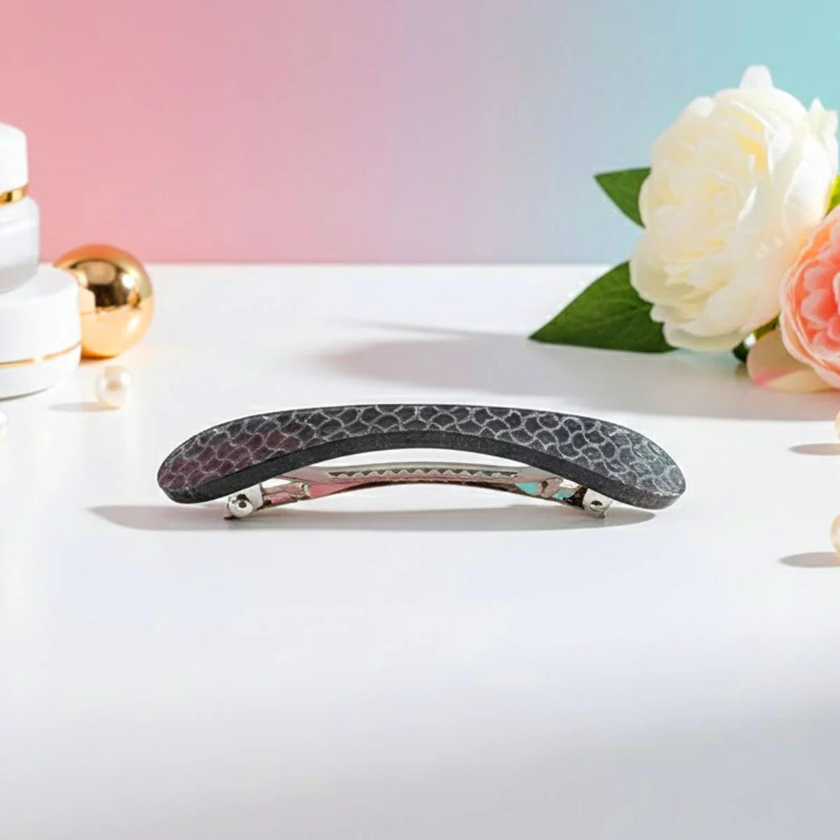 AM6395 Sleek Black & Grey Snakeskin Patterned Hair Barrette / Clip - Image 2