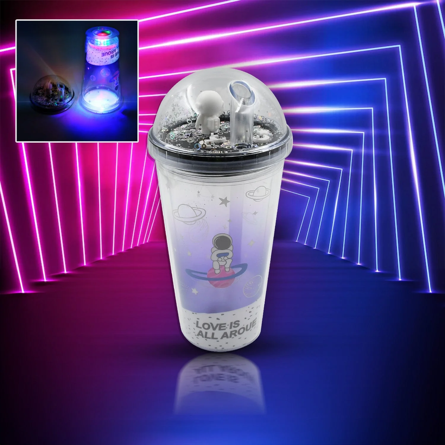 6883B  LED Glow Light, Design Printed Insulated Double Wall Plastic Tumbler Cups With Straws 13oz Theming Astronaut in Space Travel Tumbler Freezer Mug Drinking Cups for Boys and Girls School/Tuition/Gym/ Picnic (Pack Of 1) - Image 6