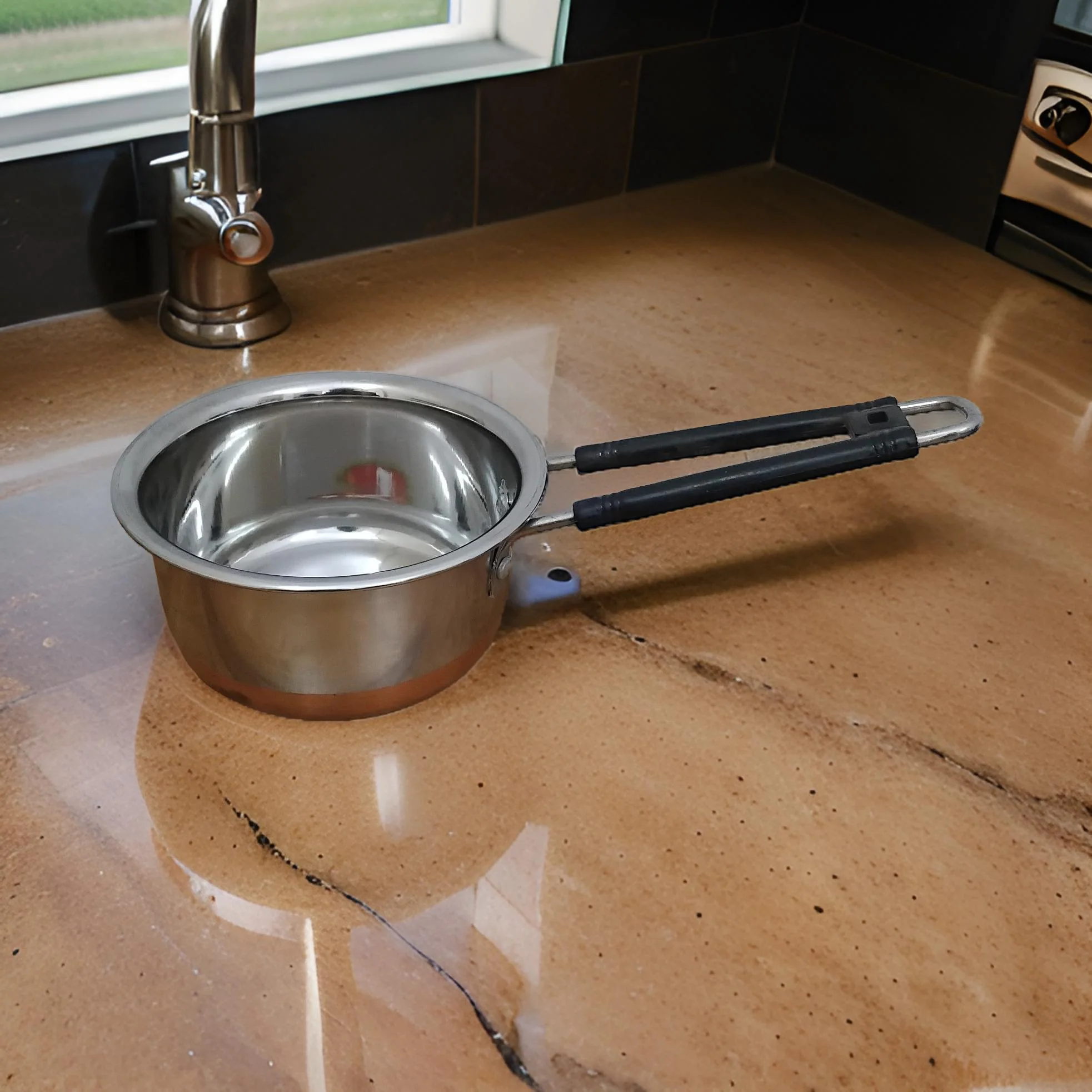 AM3101 Sauce Pan (1) Stainless Steel Copper Flat Bottom Sauce Milk Pan Bowl with Plastic Handle - Image 2