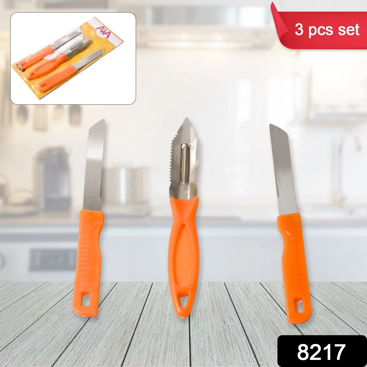 8217 3in1 Multipurpose Stainless Steel Classic Kitchen Knife Set of 3 for Fruits and Vegetable Chopping / Cutting / Peeling, Kitchen Knife / Vegetable Peeler / Plain Knife - Image 2