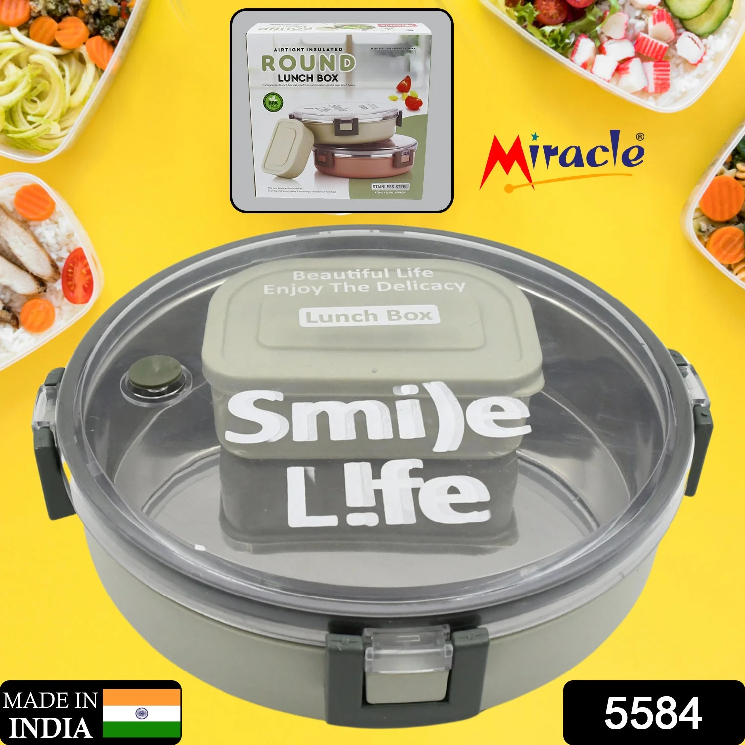 5584 Miracle Stainless Steel Round Lunch Box, with Small Plastic Box Insert Leak Proof Lunch Box with Transparent lid, Lunch Box for Kids & Adults for School, Office (450 ML + 250 ML Approx) - Image 2