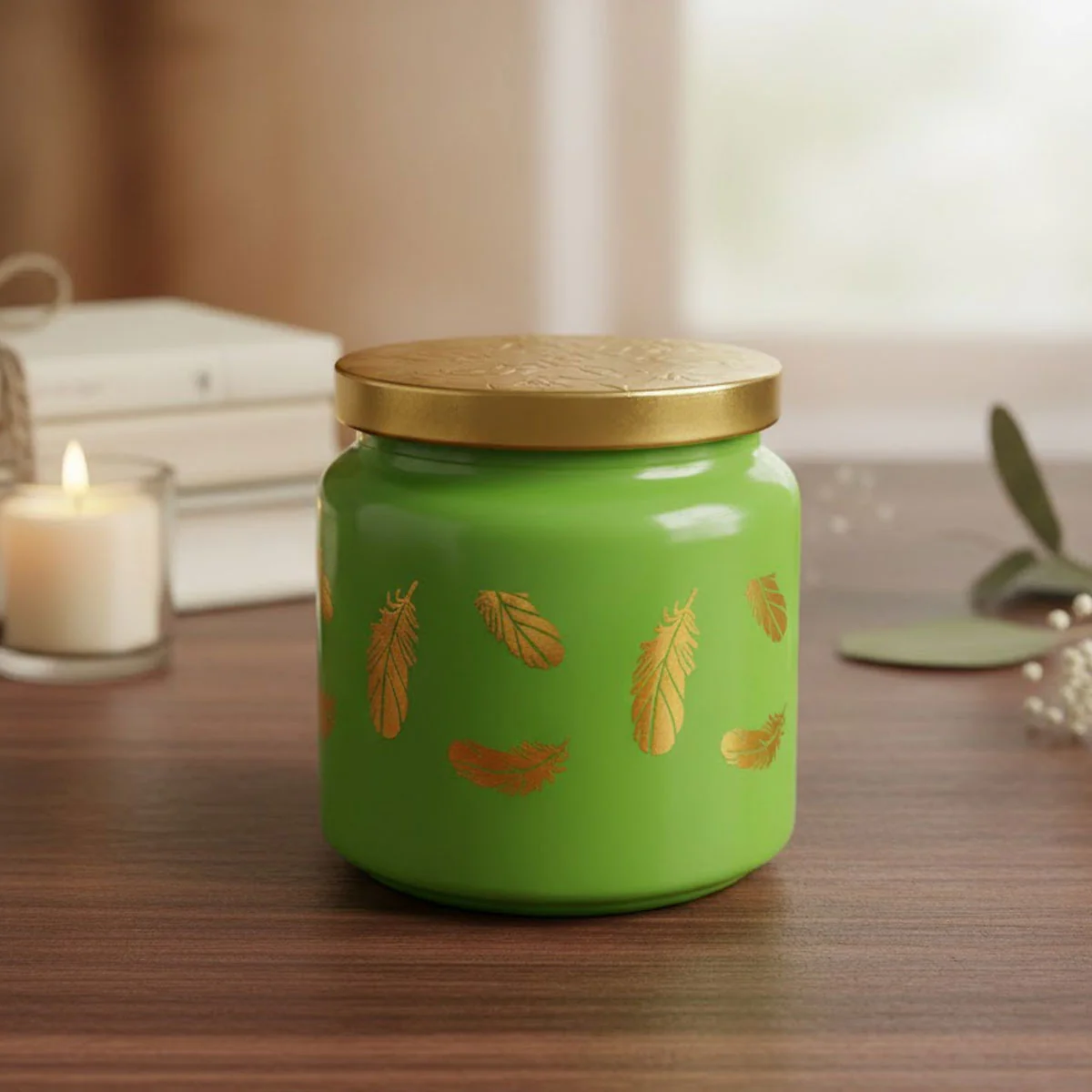 TM0076 Wonder Lime Green Feather Design Decorative Jar with Gold Lid - 1pc - Image 2