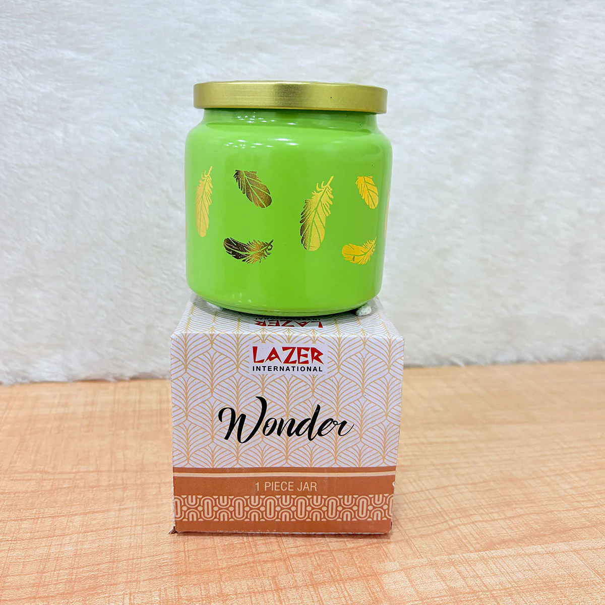 TM0076 Wonder Lime Green Feather Design Decorative Jar with Gold Lid - 1pc - Image 3