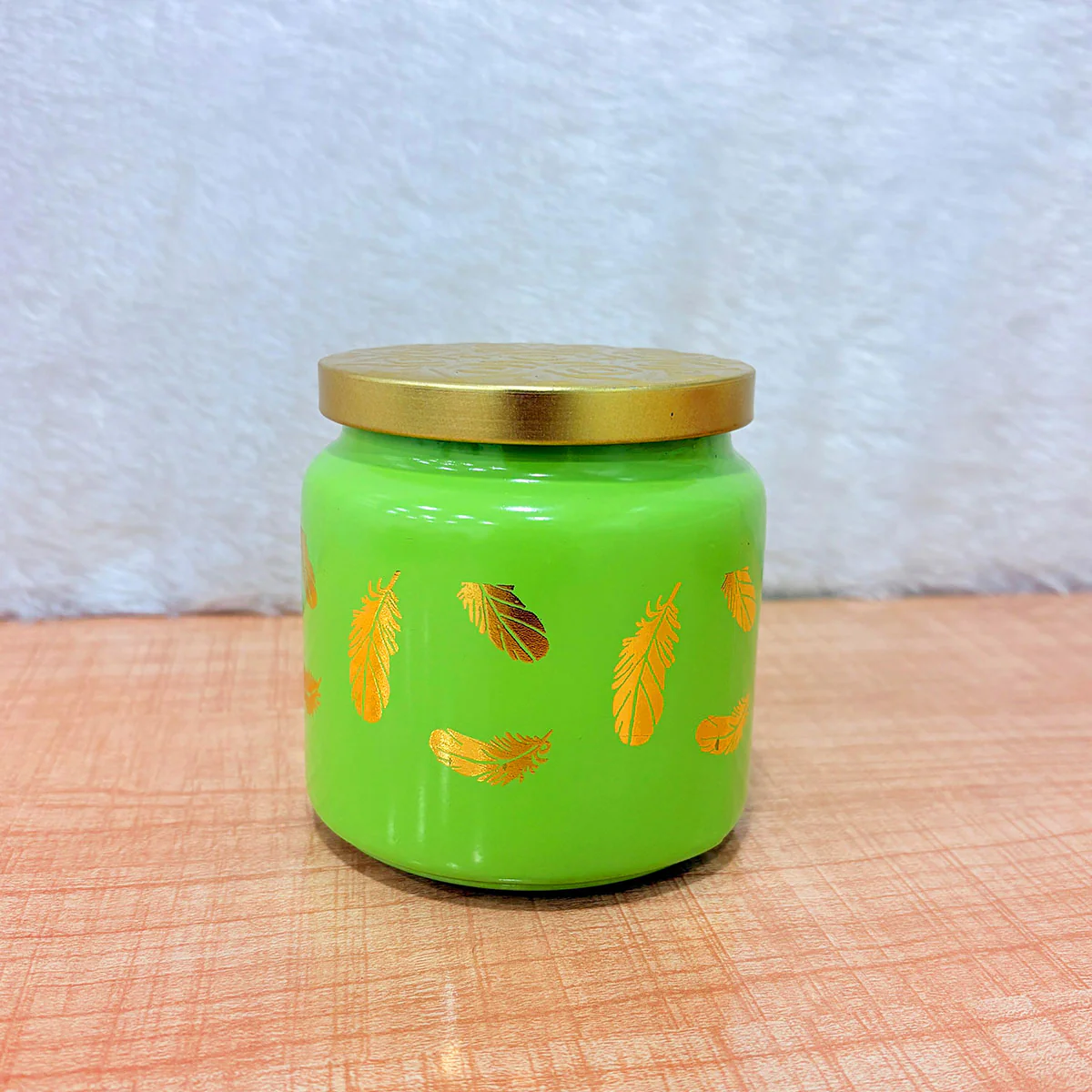 TM0076 Wonder Lime Green Feather Design Decorative Jar with Gold Lid - 1pc - Image 4