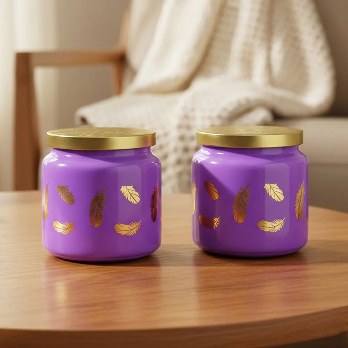 TM0077 Wonder Lime Green Feather Design Decorative Jar with Gold Lid - 2pc - Image 2